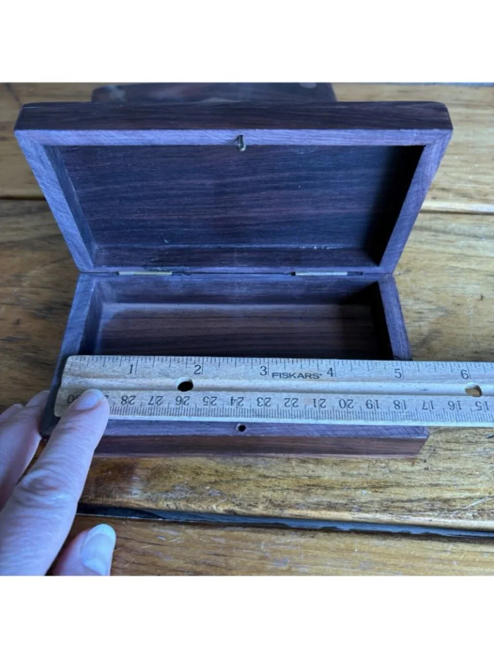 2 Wooden Trinket Boxes Brass Inlay Diamond Top Measurements In Photos